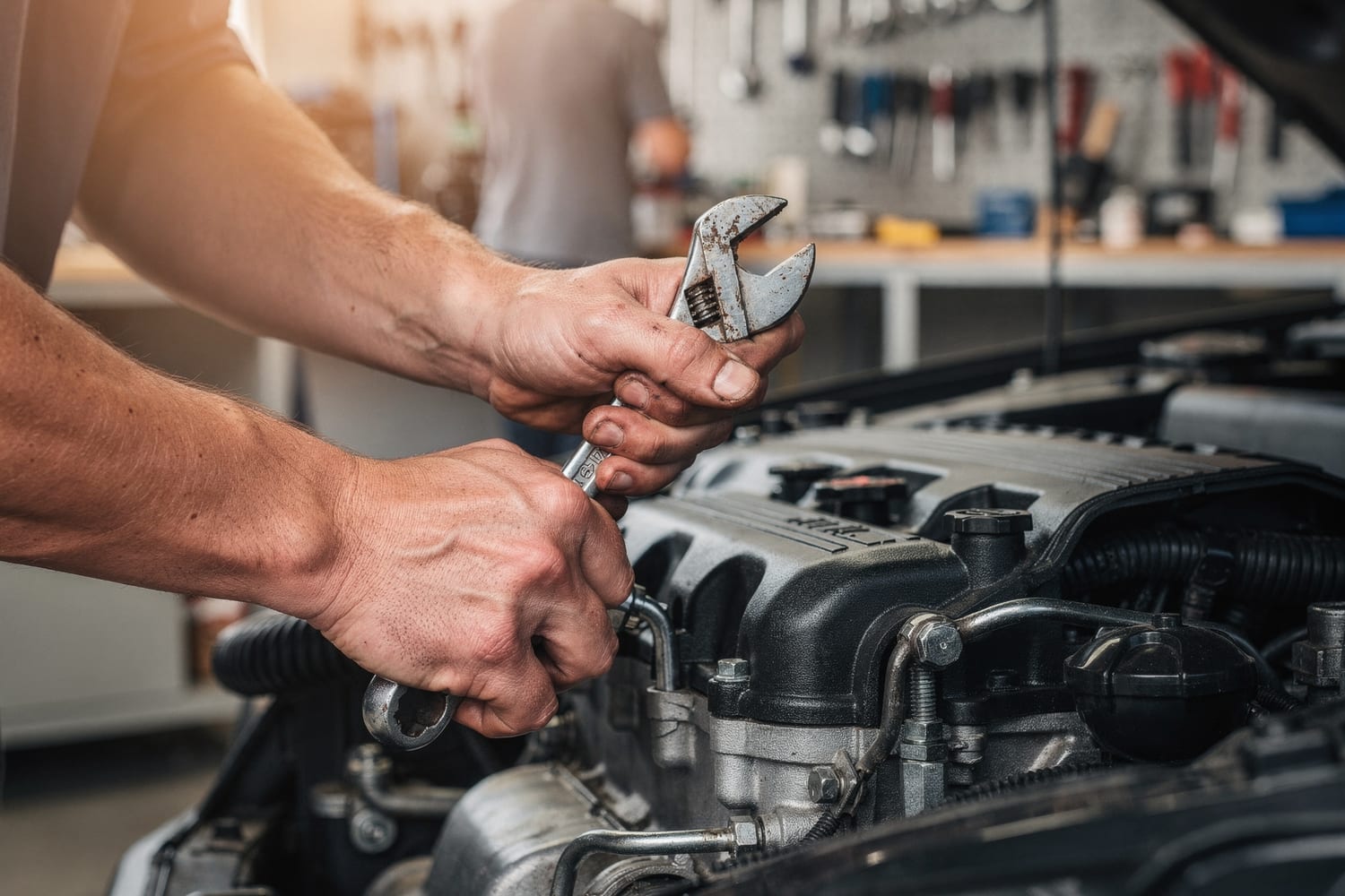 A mechanic's hands working carefully on an engine at Antillon Automotive
